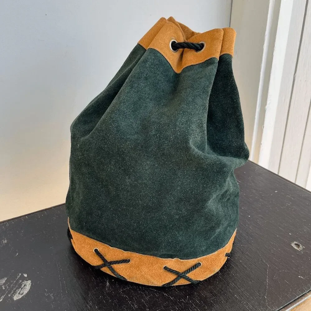 VTG Forest Green Suede Leather Drawstring Backpack USA Boho Minimalist - Picture 2 of 12